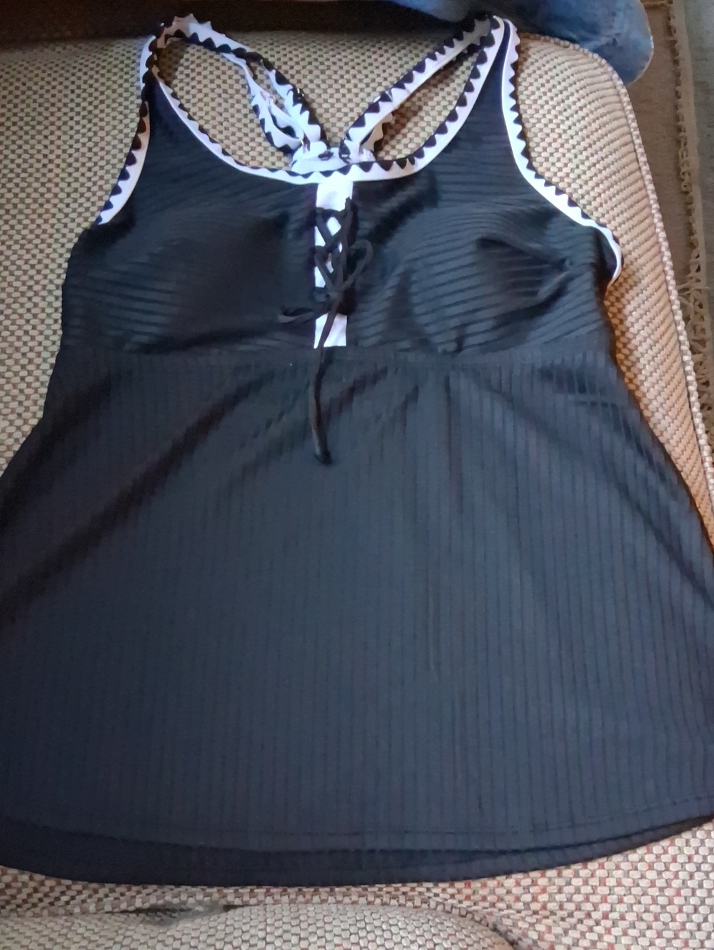 👙🏊‍♀️ Black Lace-Up Tankini Top with Contrast Trim